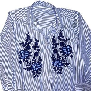 Embroidered Button Down Tunic Shirt Stripe Floral 3/4 Sleeve Womens M Blue White